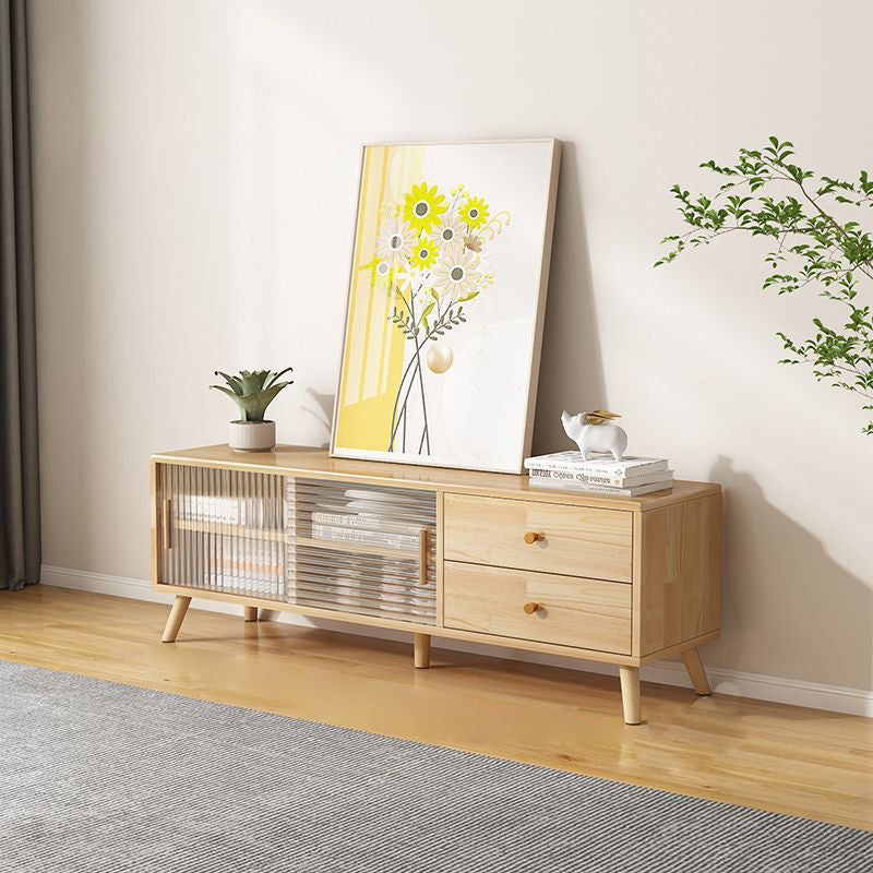 Modern Minimalist Rectangle Rubberwood Eco-Friendly Engineered Wood Plywood Glass TV Stand 2-Drawer For Living Room