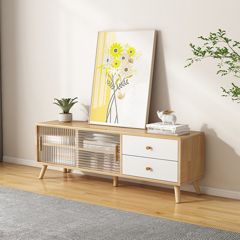 Modern Minimalist Rectangle Rubberwood Eco-Friendly Engineered Wood Plywood Glass TV Stand 2-Drawer For Living Room