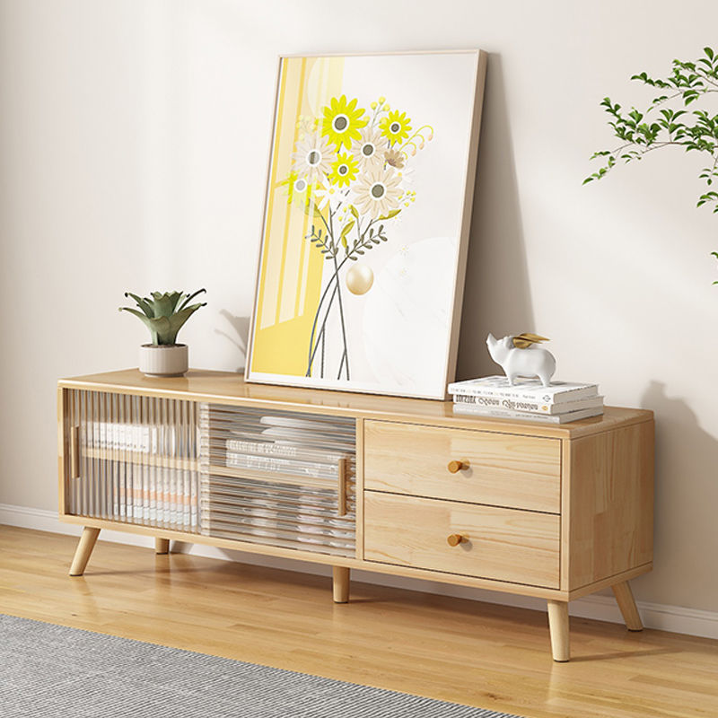 Modern Minimalist Rectangle Rubberwood Eco-Friendly Engineered Wood Plywood Glass TV Stand 2-Drawer For Living Room