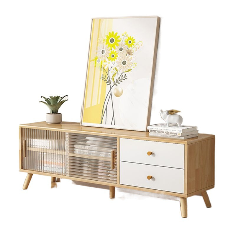 Modern Minimalist Rectangle Rubberwood Eco-Friendly Engineered Wood Plywood Glass TV Stand 2-Drawer For Living Room
