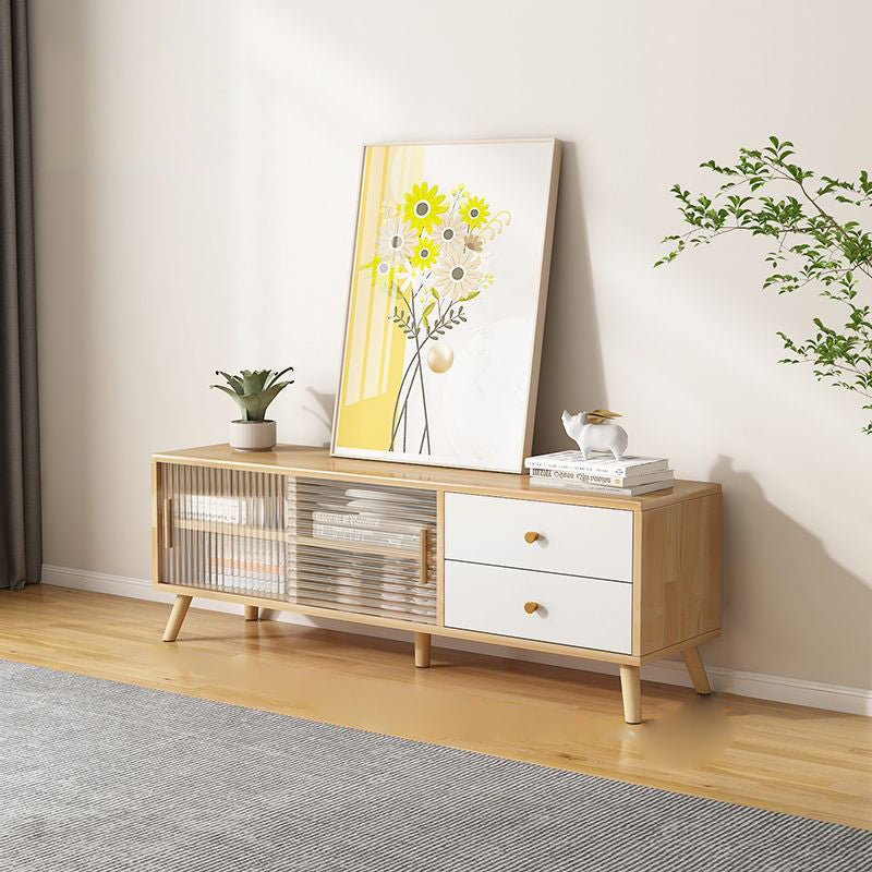 Modern Minimalist Rectangle Rubberwood Eco-Friendly Engineered Wood Plywood Glass TV Stand 2-Drawer For Living Room