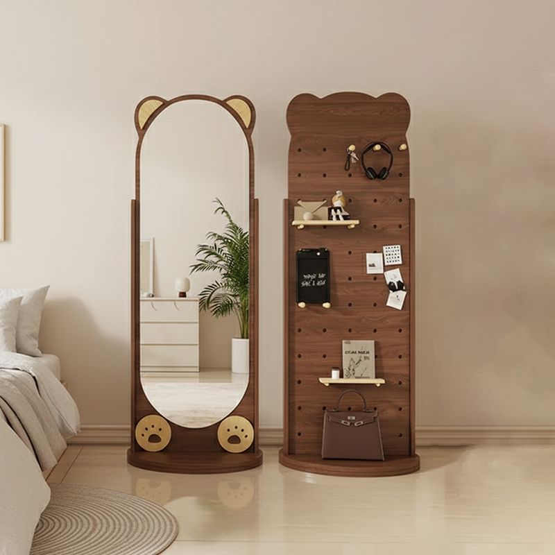 Contemporary Creative Bear-Shaped Rectangular Rubberwood Rotatable Storage Shelf 3-Tier With Mirror For Bedroom