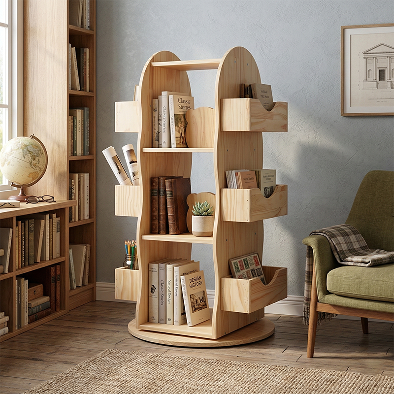 Modern Minimalist Solid Wood Rounded Corner Kids Swivel Bookshelf With 4-Tier For Home Office And Living Room