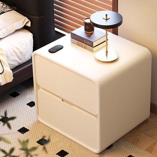 Modern Minimalist Rectangular Medium Density Fiberboard Cat-Scratch-Resistant Leather Solid Wood Nightstand 2-Drawer For Bedroom