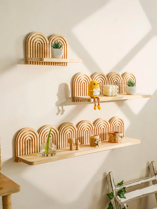 Boho Wooden Arched Wall Shelves Rustic Natural Wood